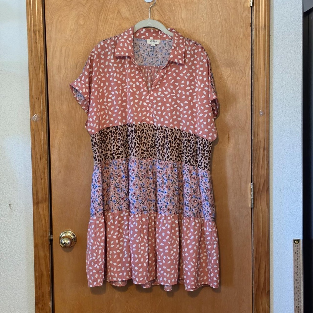 Umgee USA Boho Leopard Floral Mixed Print Babydoll Dress Pink Multi A6477 Large